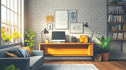 A stylish home office with a yellow desk, artwork on brick walls, indoor plants, natural lighting, and cozy furniture for a productive workspace.