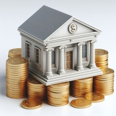 A bank on top of gold coins, isolated on a white background, representing savings and investment
