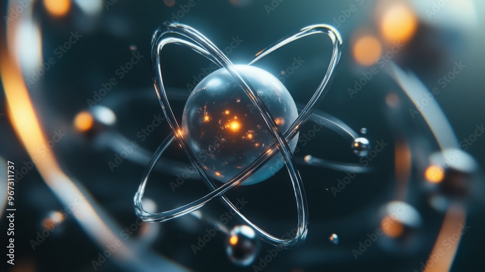 Aufkleber a close-up view of a 3d model of an atom, with clear visuals of protons, neutrons, and electrons in 