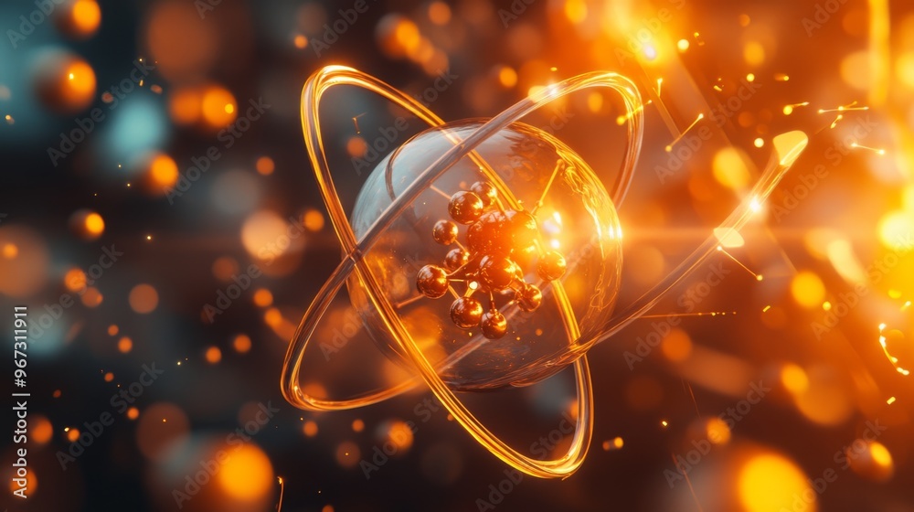 Aufkleber a close-up view of a 3d model of an atom, with clear visuals of protons, neutrons, and electrons in 