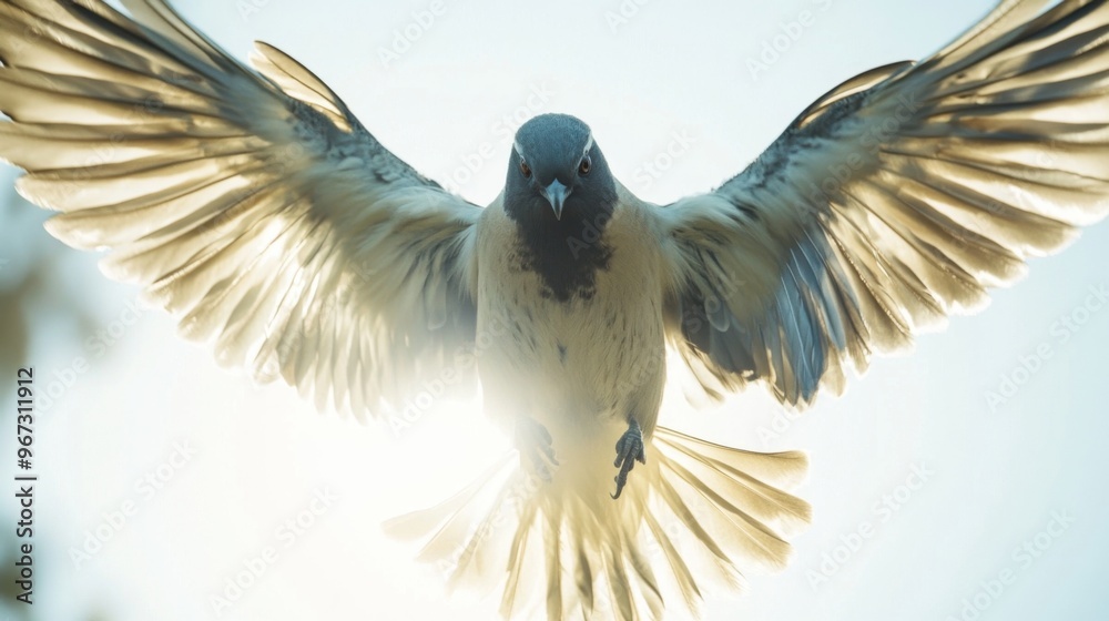Poster a close-up shot of a bird in mid-flight with wings spread wide, capturing the detail of feathers aga