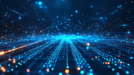 Obraz premium Dynamic abstract background of glowing particles and lines, creating a sense of depth and motion in a blue digital environment.