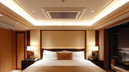 Luxurious hotel bedroom with elegant decor, featuring comfortable king size bed, soft lighting, and modern amenities. warm tones create cozy atmosphere for relaxation