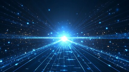 Obraz premium Dynamic blue light beam radiates through space, creating a vibrant atmosphere of energy and motion in a cosmic setting.