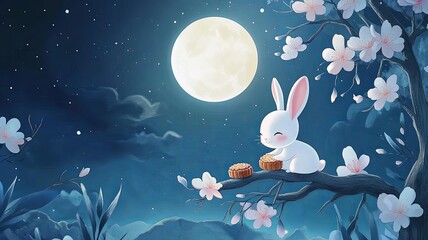 Cute rabbit sits on an osmanthus tree, holding a mooncake in its hands, with a full moon hanging high in the night sky, celebrating the Mid-Autumn Festival design. Translation: Moon Festival.