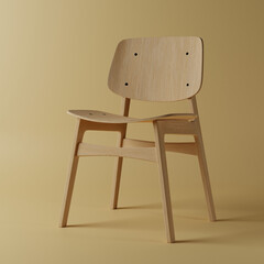 The photo shows a simple, modern wooden chair with a minimalist design. The chair has a smooth,...