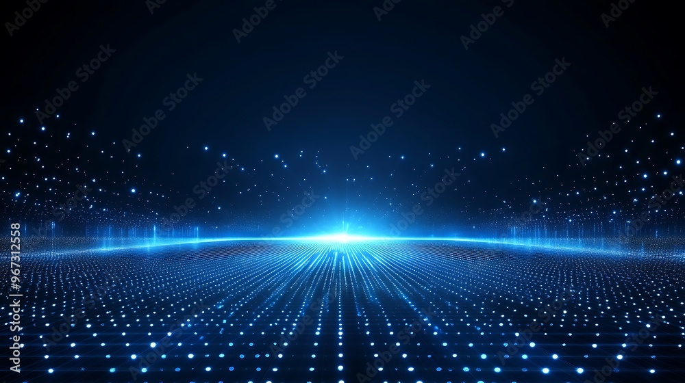 Poster dynamic blue light rays and dots create a vibrant digital landscape with a sense of depth and motion