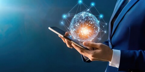 Business professional holding a smartphone with digital globe projections in a modern setting