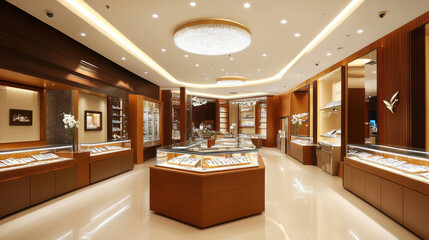 Luxurious jewelry store interior featuring elegant display cases, warm wooden accents, and bright lighting. atmosphere is inviting and sophisticated, perfect for showcasing fine jewelry