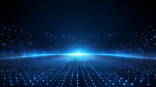 Dynamic blue light rays and dots create a vibrant digital landscape with a sense of depth and motion in a futuristic environment.