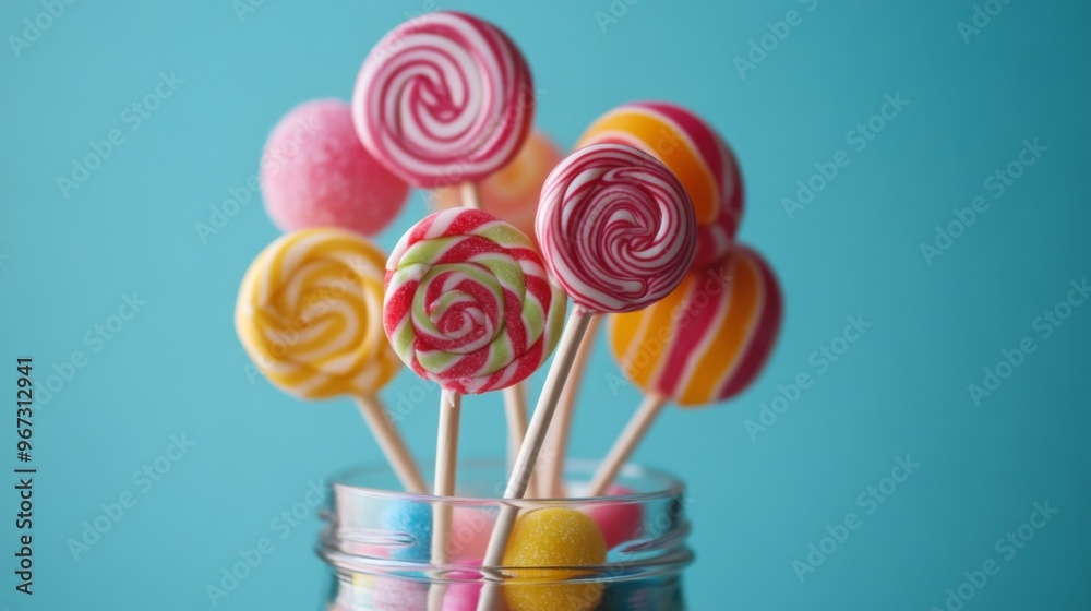 Poster a collection of lollipops in a glass jar, with a few sticks poking out, creating a nostalgic and fun