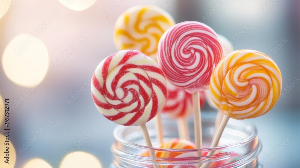 Poster a collection of lollipops in a glass jar, with a few sticks poking out, creating a nostalgic and fun