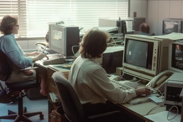 Retro workspace scene featuring vintage computers and focused employees, capturing a nostalgic...