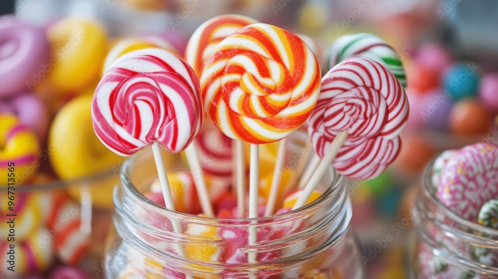 Poster a collection of lollipops in a glass jar, with a few sticks poking out, creating a nostalgic and fun