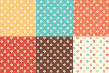 Retro colored polka dot pattern. Minimalist trendy abstract dots background. Yellow, blue, navy, red, orange, stripe, fabric.