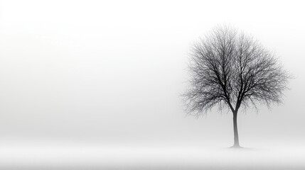 Obraz premium Lone tree in a foggy landscape with bare branches and copy space