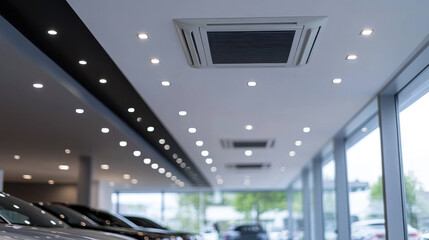 Modern ceiling design features recessed lighting and air conditioning units in spacious car showroom. bright lights enhance ambiance, creating welcoming atmosphere for customers