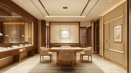 Fototapeta premium Luxurious jewelry store interior featuring elegant display cases, central table, and modern decor. warm lighting enhances sophisticated atmosphere, inviting customers to explore
