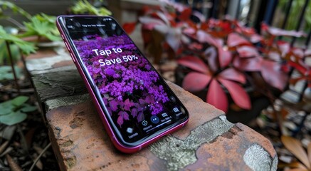 Mobile notification for app sale with 50% discount on a colorful background in a garden setting