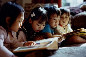 Obraz premium Four young children sit closely together on the floor, captivated by the stories in the books they are reading, in a warm and cozy environment.