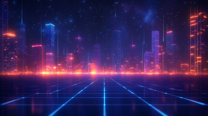 Fototapeta premium Futuristic city skyline at night, featuring glowing lights and a grid. Perfect for technology, sci-fi, and digital art projects.