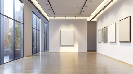 Obraz premium A modern art gallery featuring spacious walls and large windows, allowing natural light to illuminate minimalist design. empty frames invite creativity and inspiration