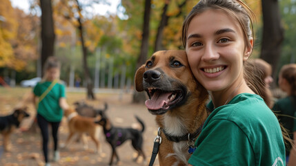 Smiling female volunteer with a dog on a walk in an autumn park with other volunteers