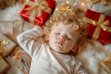 Fototapeta premium Tranquil pure moment of restful sleep sweet blond boy. Blond curly haired boy fabric blanket wrapped sleeps peacefully. Dreams child's peaceful sanctuary away from chaos.