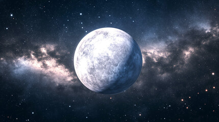 Fototapeta premium A planet or moon, beautiful view of the galaxy, Large planet with strange whitish surface in the galactic core. Shows a huge white planet, background with different stars