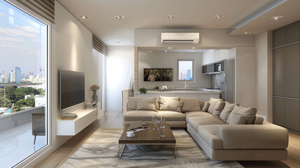 Fototapeta premium Modern living room with spacious layout, featuring comfortable beige sectional sofa, sleek coffee table, and large windows offering city view. design is bright and inviting, perfect for relaxation