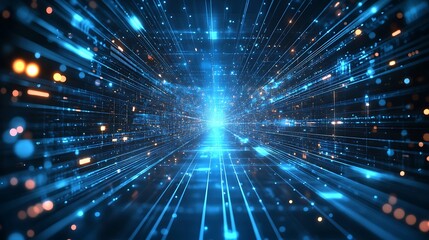 Naklejka premium Futuristic digital landscape featuring glowing blue lines and particles, representing technology and innovation in motion.