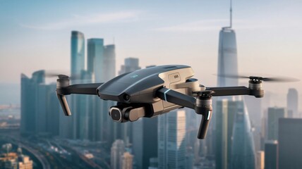 Drone Flying Over Cityscape with Skyscrapers