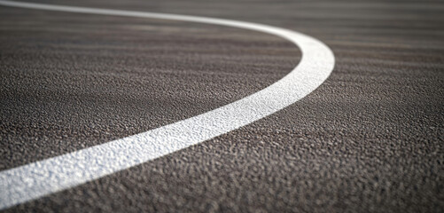 Curved white road line on textured asphalt close-up with copy space for text