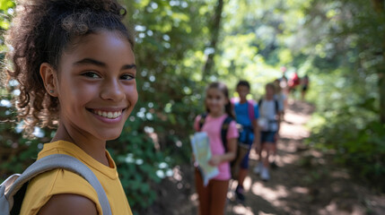 Girl counselor with a backpack goes on a hike with children in the forest