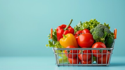 Fresh Organic Vegetables in a Shopping Basket Against a Blue Background - Perfect for Healthy Eating and Nutrition Concepts