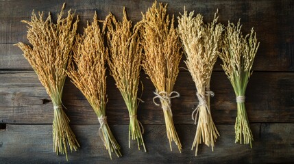 A creative arrangement of harvested rice stalks laid out in bundles, showcasing their texture and golden color against a rustic wooden surface.