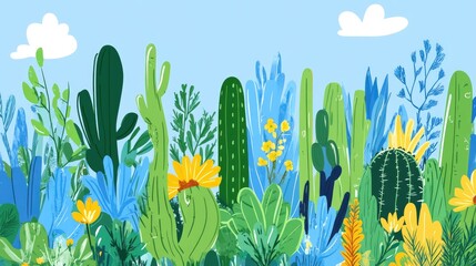 Vibrant cactus collage with colorful plants under a bright blue sky