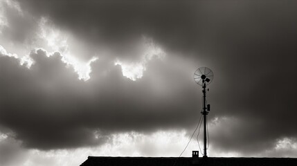 Generative AI, A black and white image of a satellite dish on a rooftop with dramatic clouds in the sky