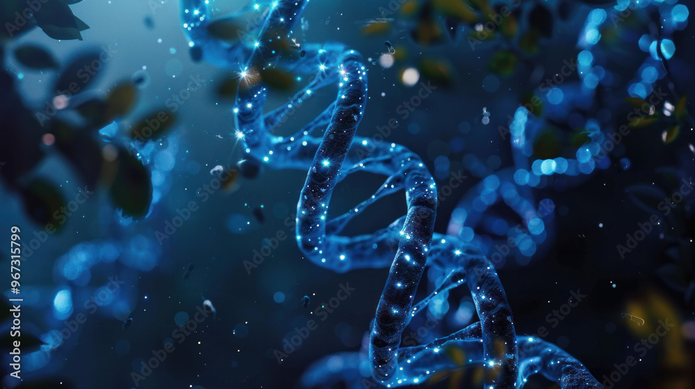 Poster a stunning representation of dna double helix, illuminated with vibrant blue lights, surrounded by m