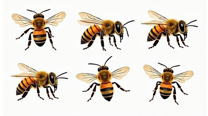Detailed Illustration of Bees with Transparent Wings and Striped Bodies in Various Poses for Nature and Pollination Concepts