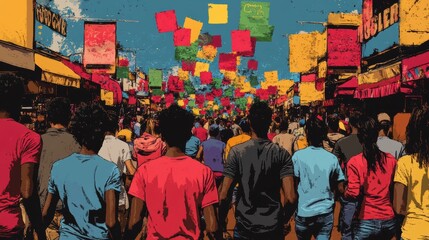 A vibrant street festival scene with a large crowd and colorful flags hanging overhead, depicted in a bold, artistic style under a bright sky.