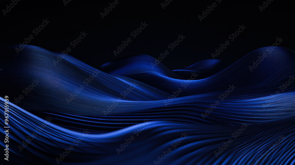 Poster abstract wave patterns in deep blue tones captured in a smooth flowing design, creating a sense of m
