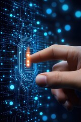 A futuristic hand interacting with a digital interface, symbolizing technology, innovation, and cybersecurity.