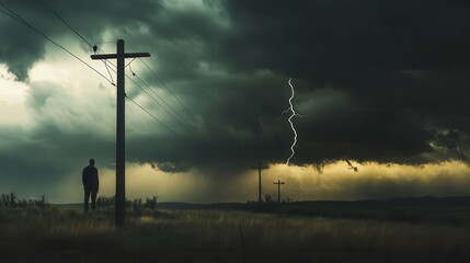 Thrilling Storm: Lone Figure near Struck Metal Pole in Dramatic Landscape Photography