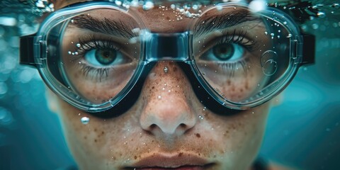 Focused female swimmer underwater wearing goggles while preparing for an important competition