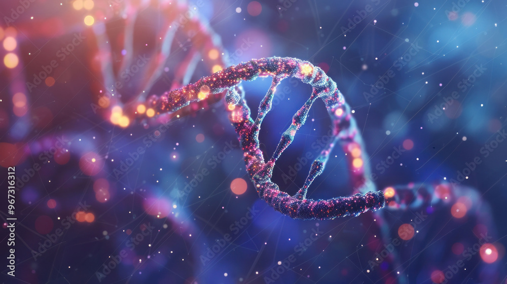 Poster image showcases vibrant and intricate representation of DNA double helix, symbolizing complexity of genetic structures and essence of life. colorful strands and glowing particles evoke sense of wonde