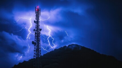 Obraz premium Electrifying Metal Radio Tower Struck by Lightning in Intense Mountain Storm | High-Contrast Photography of Nature's Power