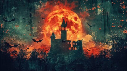 Haunting Halloween poster featuring a dark castle silhouette under a full moon and bats flying