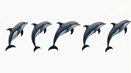 Fototapeta premium Illustration of Five Dolphins in Different Poses on a White Background, Perfect for Marine Life and Wildlife Education.