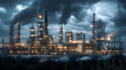Obraz premium Futuristic power plant station, oil and gas refinery, Hydrogen power plant, large steel tanks and pipes